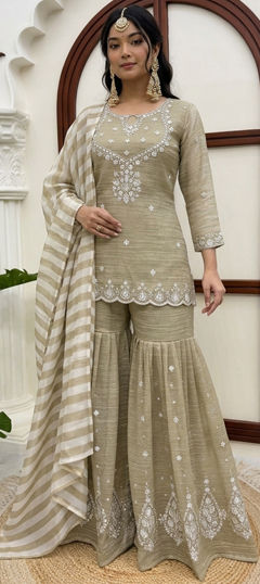 Black and Grey color Salwar Kameez in Silk fabric with Embroidered, Sequence, Thread work