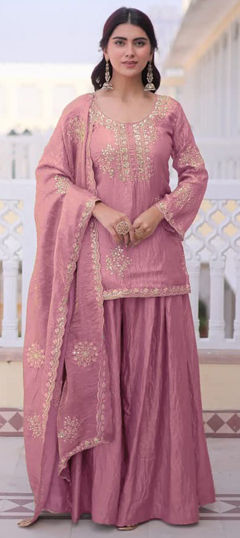 Pink and Majenta color Salwar Kameez in Tissue fabric with Embroidered, Sequence work