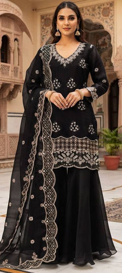 Black and Grey color Salwar Kameez in Silk fabric with Bugle Beads, Embroidered, Sequence work