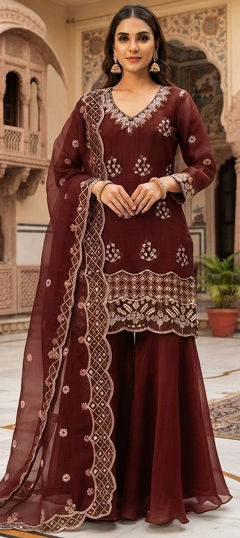 Red and Maroon color Salwar Kameez in Silk fabric with Bugle Beads, Embroidered, Sequence work