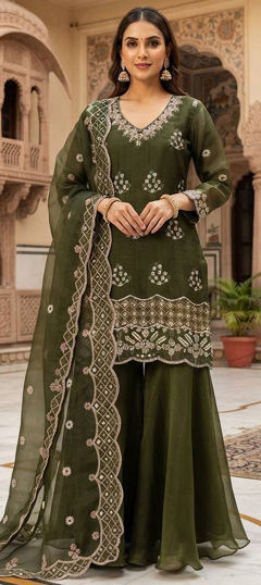 Green color Salwar Kameez in Silk fabric with Bugle Beads, Embroidered, Sequence work