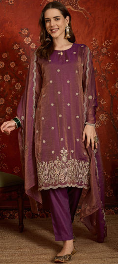 Purple and Violet color Salwar Kameez in Silk fabric with Embroidered, Resham, Sequence, Thread, Zari work