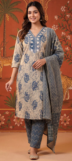 White and Off White color Salwar Kameez in Cotton fabric with Embroidered, Printed work