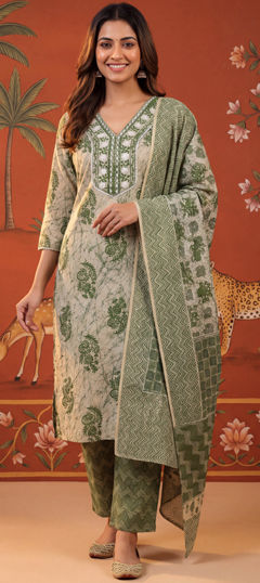 Black and Grey color Salwar Kameez in Cotton fabric with Embroidered, Printed work