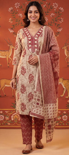 White and Off White color Salwar Kameez in Cotton fabric with Embroidered, Printed work
