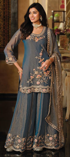 Blue color Salwar Kameez in Satin Silk fabric with Bugle Beads, Embroidered, Resham, Sequence work