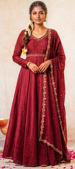 Red and Maroon color Gown in Silk fabric with Sequence work