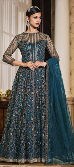 Blue color Salwar Kameez in Net fabric with Embroidered, Sequence work