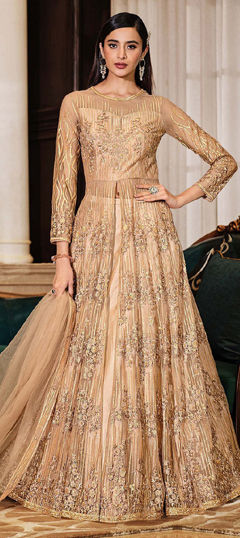 Gold color Salwar Kameez in Net fabric with Embroidered, Sequence work