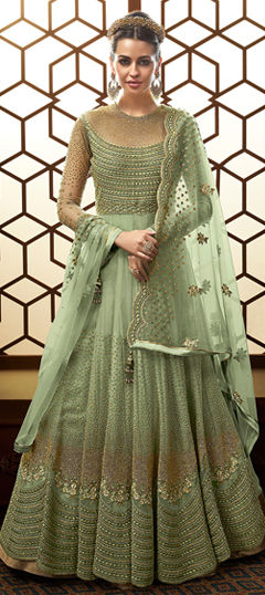 Green color Salwar Kameez in Net fabric with Bugle Beads, Embroidered work