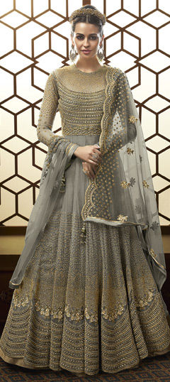 Black and Grey color Salwar Kameez in Net fabric with Bugle Beads, Embroidered work