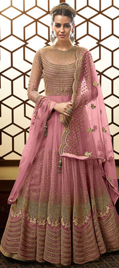 Pink and Majenta color Salwar Kameez in Net fabric with Bugle Beads, Embroidered work