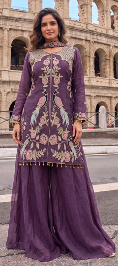 Purple and Violet color Salwar Kameez in Crushed Silk fabric with Embroidered work