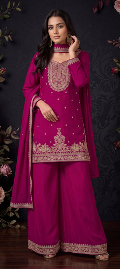 Pink and Majenta color Salwar Kameez in Chinon Silk fabric with Bugle Beads, Cut Dana, Zari work