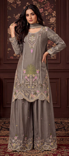 Black and Grey color Salwar Kameez in Chinon Silk fabric with Embroidered work