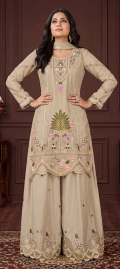 Beige and Brown color Salwar Kameez in Chinon Silk fabric with Embroidered work