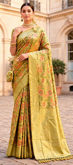 Yellow color Saree in Banarasi Silk fabric with Floral, Weaving work