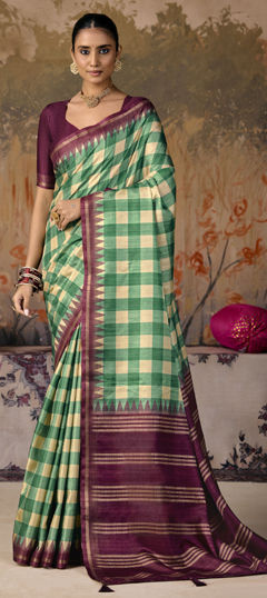 Green color Saree in Silk fabric with Printed work