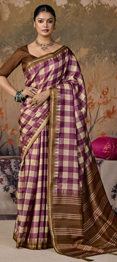 Purple and Violet color Saree in Silk fabric with Printed work