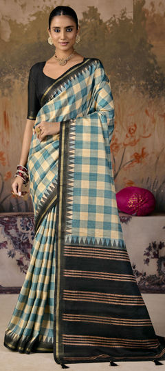 Blue color Saree in Silk fabric with Printed work