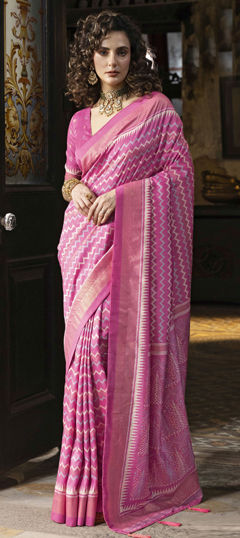 Pink and Majenta color Saree in Silk fabric with Printed, Weaving work