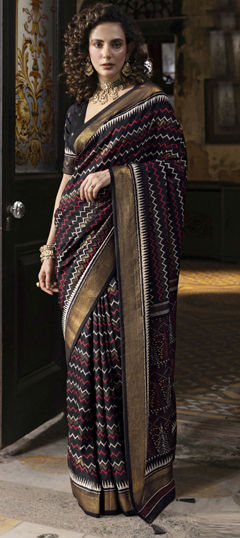 Black and Grey color Saree in Silk fabric with Printed, Weaving work