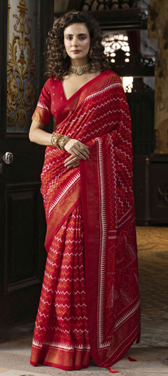 Red and Maroon color Saree in Silk fabric with Printed, Weaving work