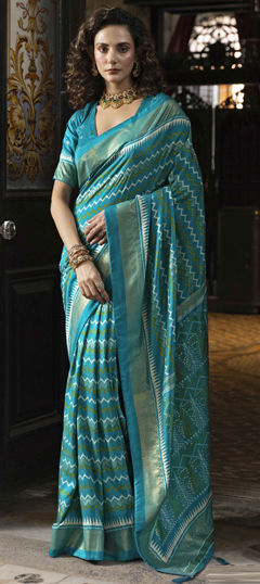 Blue color Saree in Silk fabric with Printed, Weaving work