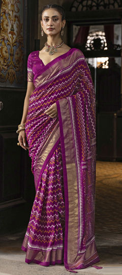 Purple and Violet color Saree in Silk fabric with Printed, Weaving work