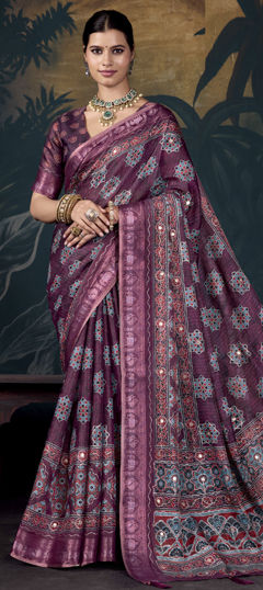 Purple and Violet color Saree in Silk fabric with Printed, Weaving, Zari work