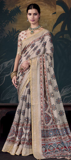 Beige and Brown color Saree in Silk fabric with Printed, Weaving, Zari work