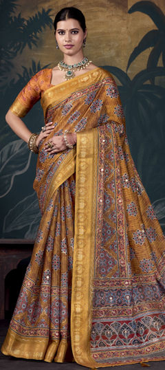 Yellow color Saree in Silk fabric with Printed, Weaving, Zari work