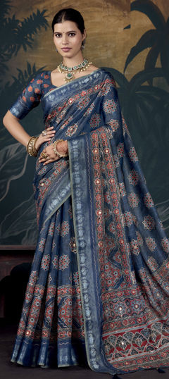 Blue color Saree in Silk fabric with Printed, Weaving, Zari work
