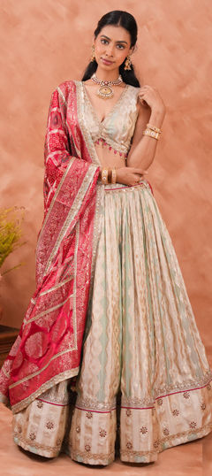 Green, Pink and Majenta color Lehenga in Silk fabric with Bugle Beads, Sequence, Thread, Zari, Zircon work