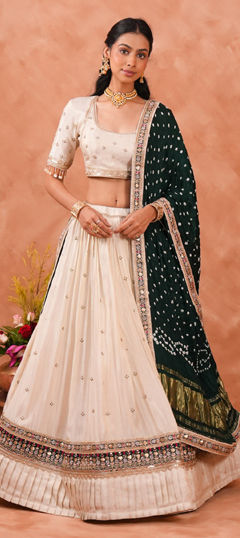 Green, White and Off White color Lehenga in Silk fabric with Bugle Beads, Sequence, Thread, Zari, Zircon work