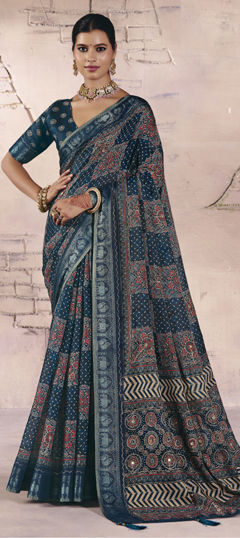Blue color Saree in Silk fabric with Printed, Weaving work