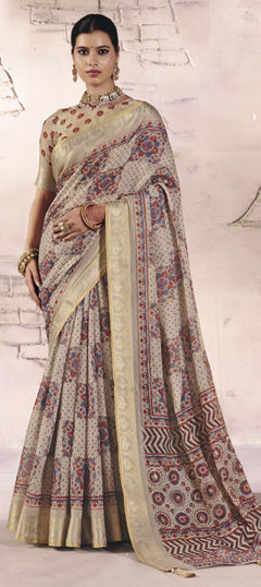 Beige and Brown color Saree in Silk fabric with Printed, Weaving work