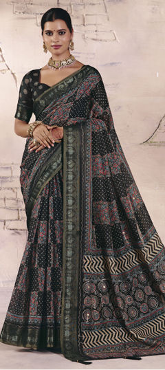 Black and Grey color Saree in Silk fabric with Printed, Weaving work