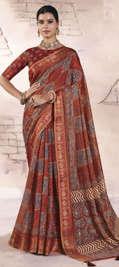 Red and Maroon color Saree in Silk fabric with Printed, Weaving work