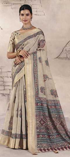 White and Off White color Saree in Silk fabric with Printed, Weaving work