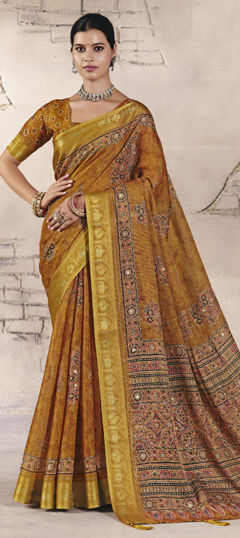 Yellow color Saree in Silk fabric with Printed, Weaving work