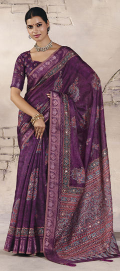 Purple and Violet color Saree in Silk fabric with Printed, Weaving work