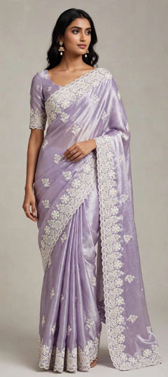 Purple and Violet color Saree in Tissue fabric with Embroidered, Thread work