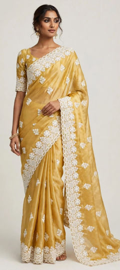 Yellow color Saree in Tissue fabric with Embroidered, Thread work