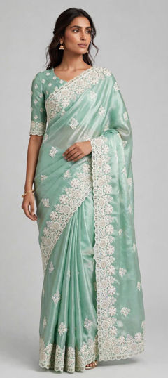 Blue color Saree in Tissue fabric with Embroidered, Thread work