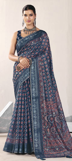 Blue color Saree in Silk fabric with Printed, Weaving work