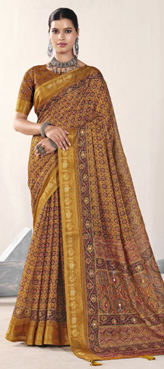 Yellow color Saree in Silk fabric with Thread, Weaving work