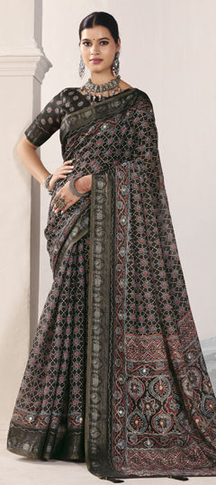 Black and Grey color Saree in Silk fabric with Printed, Weaving work