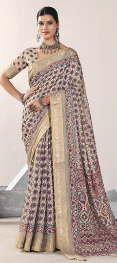White and Off White color Saree in Silk fabric with Printed, Weaving work