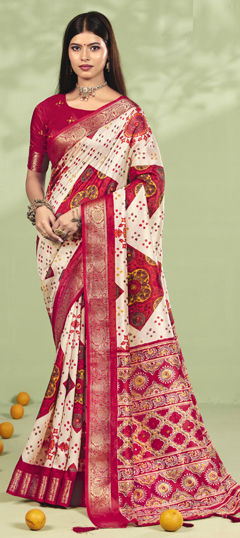 Pink and Majenta, White and Off White color Saree in Silk fabric with Printed, Weaving work